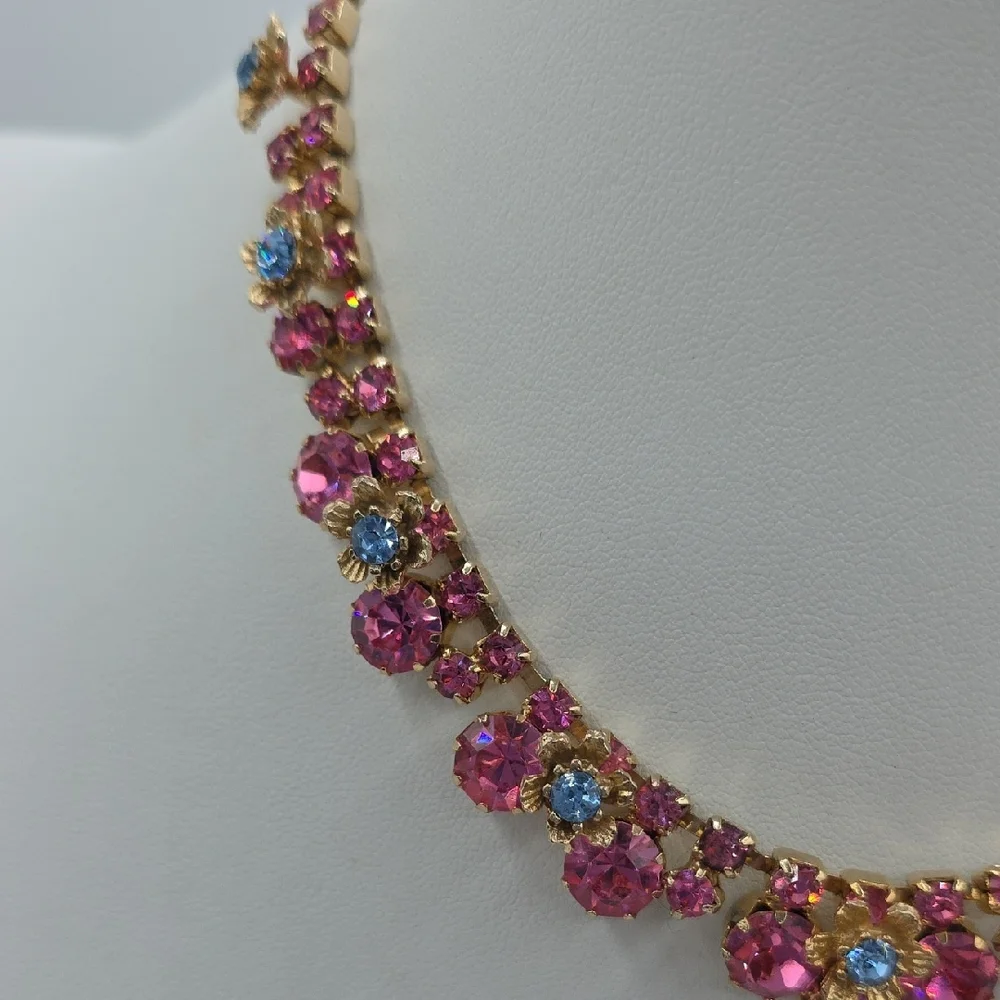 Elegant Pink and Blue Floral Necklace and Earring Set